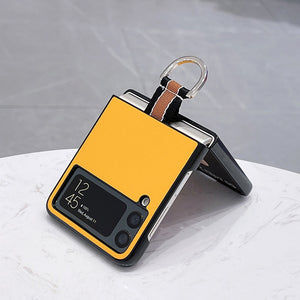 Z Flip 4 3 Funda Case for Samsung Galaxy Z Flip 4 3 Metal Ring Yellow PU Leather Coque Shock proof Protection Phone Case Cover Capa