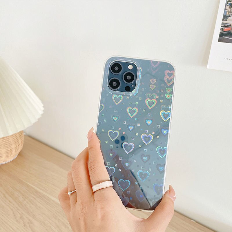 Women Girls Clear Laser Heart Holographic Phone Case Glitter Cute Shockproof Cover for iPhone 14 13 12 11 Pro XR Xs Max 8P