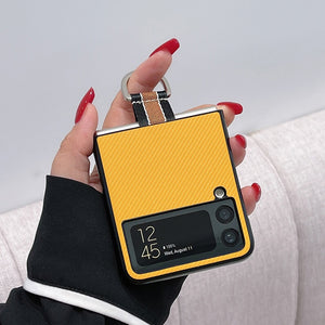 Z Flip 4 3 Funda Case for Samsung Galaxy Z Flip 4 3 Metal Ring Yellow PU Leather Coque Shock proof Protection Phone Case Cover Capa