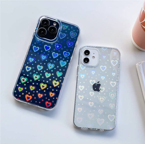 Women Girls Clear Laser Heart Holographic Phone Case Glitter Cute Shockproof Cover for iPhone 14 13 12 11 Pro XR Xs Max 8P